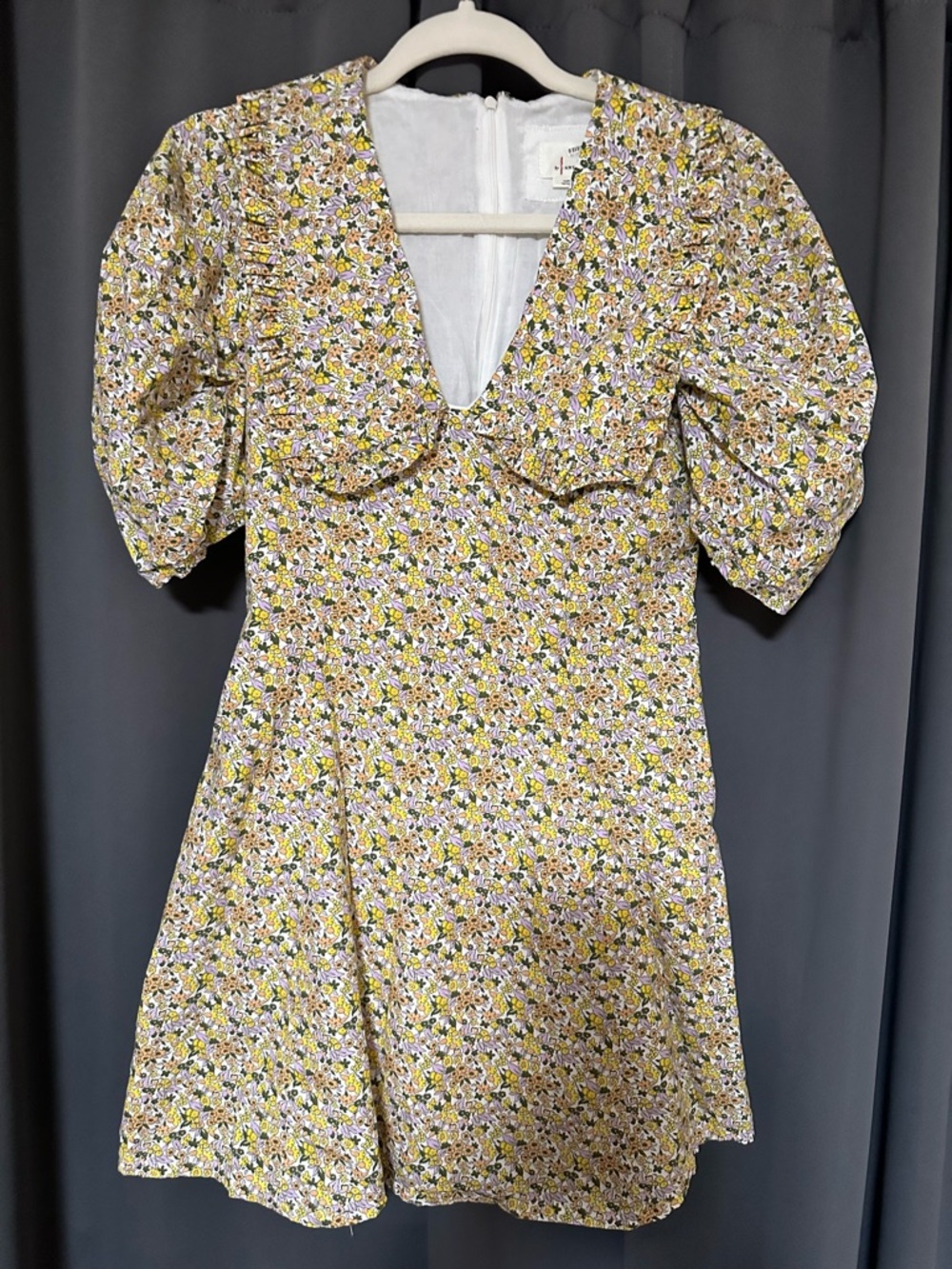 Anthropologie Yellow Floral Puff-Sleeve Mini Dress